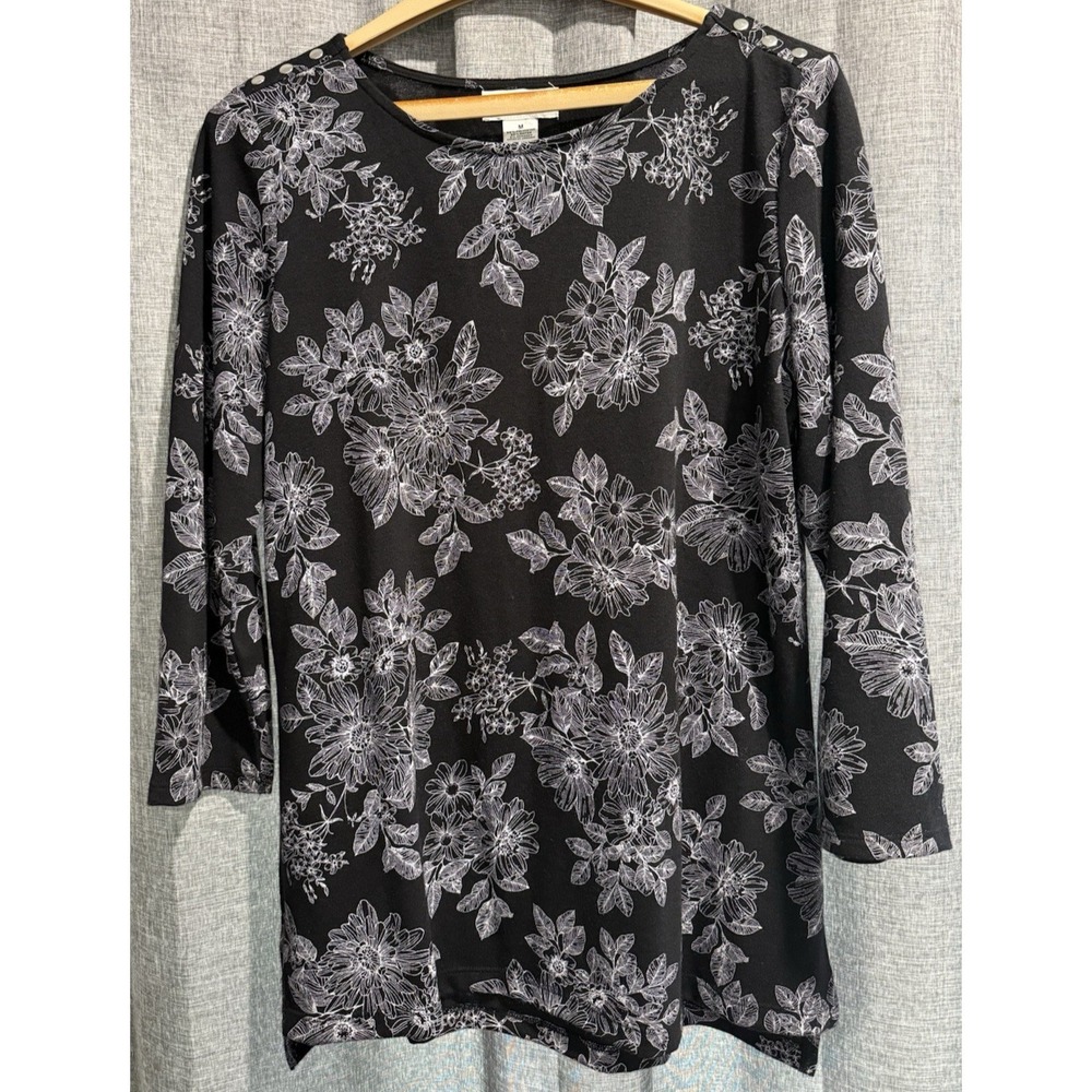 Liz Claiborne Womens M Black/White Floral Boat Neck 3/4 Sleeve Shoulder Detail‎